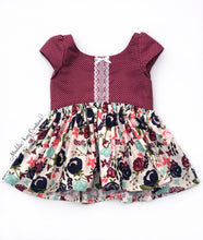Load image into Gallery viewer, burgundy floral cotton tunic top winter lace bow cap sleeve toddler girls outfit 