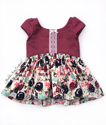 burgundy floral cotton tunic top winter lace bow cap sleeve toddler girls outfit 